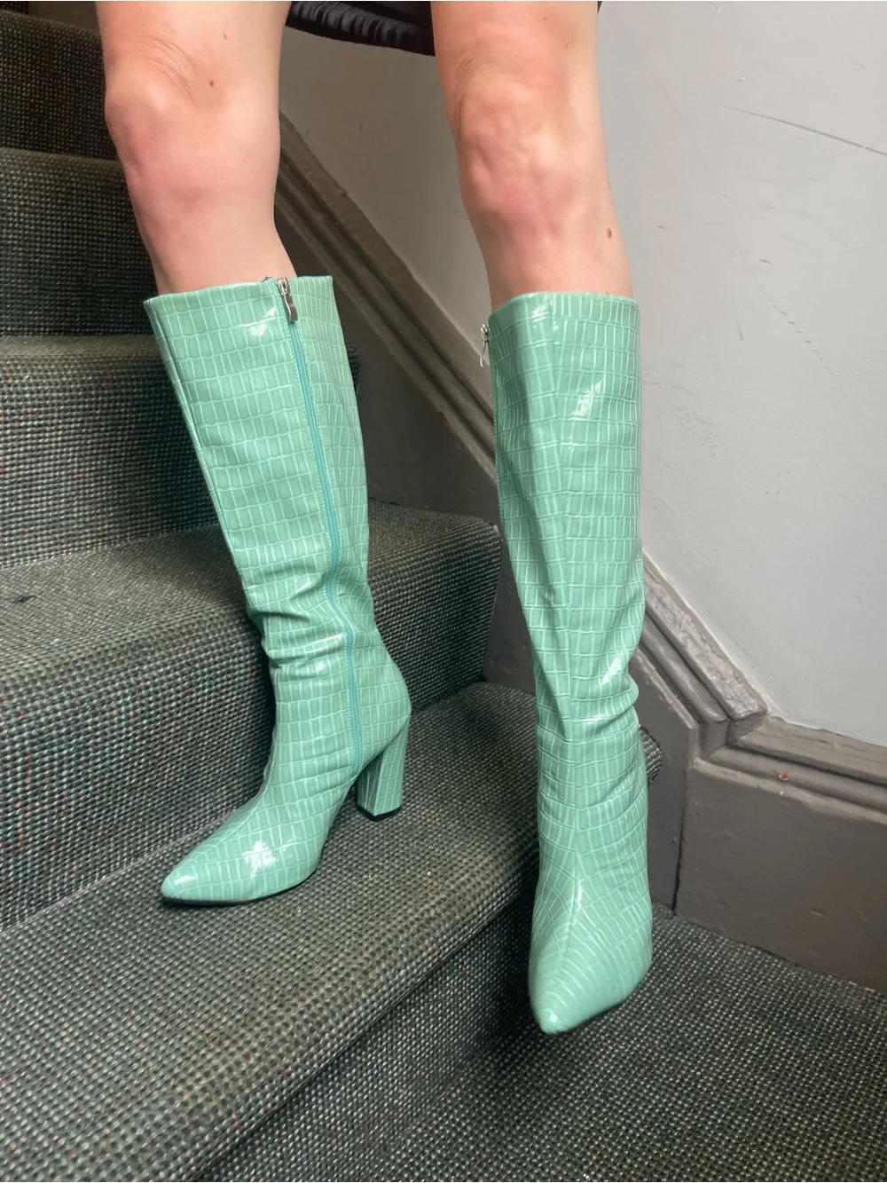 Never worn. Mint Croc-Embossed Knee High Boots - Women's Fashion Boots